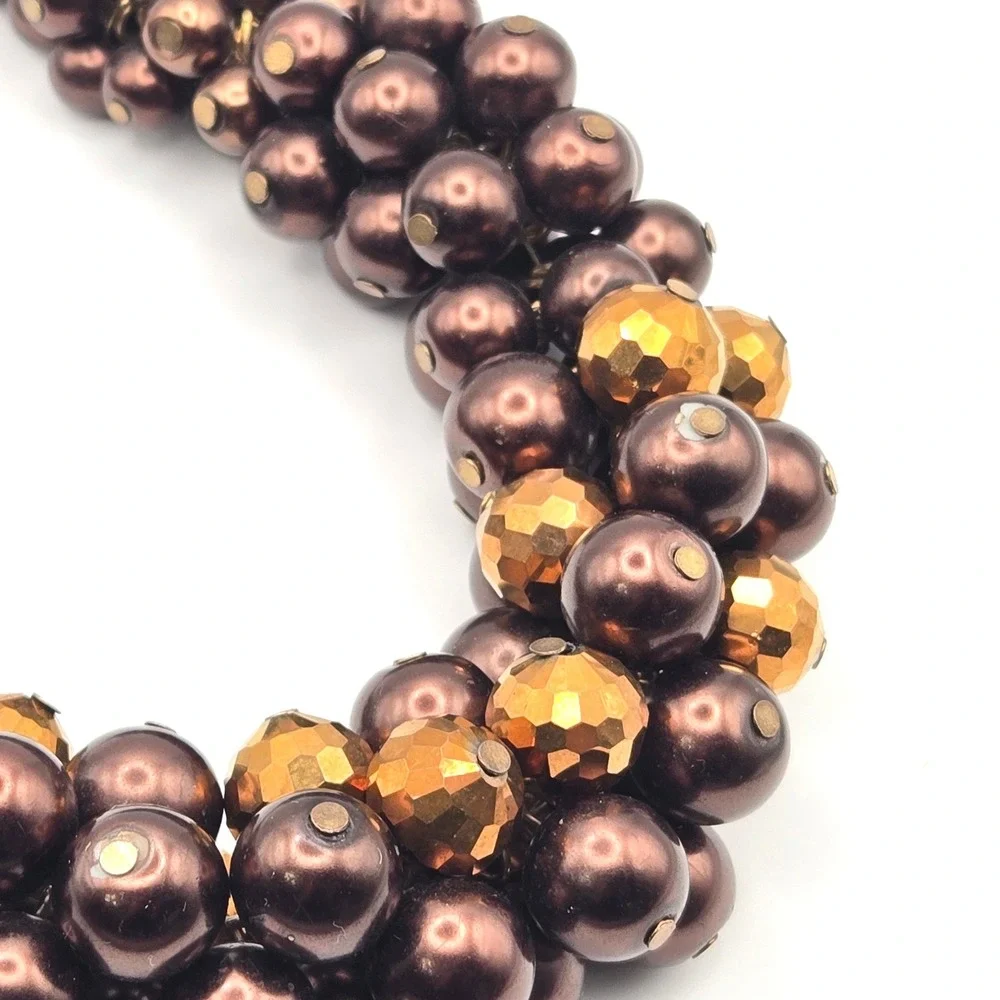 Ethel & Myrtle Chocolate‎ Faux Pearl and Gold Faceted Bead Cluster Bib Necklace
